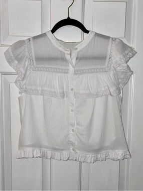 Hausen White Cotton Peasant Button Up Flutter Sleeve Top